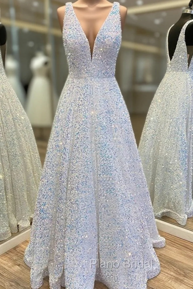 Princess A-line V Neck Sleeveless Velvet Sequins Long/Floor-Length Formal Prom Dresses With Pockets Main image