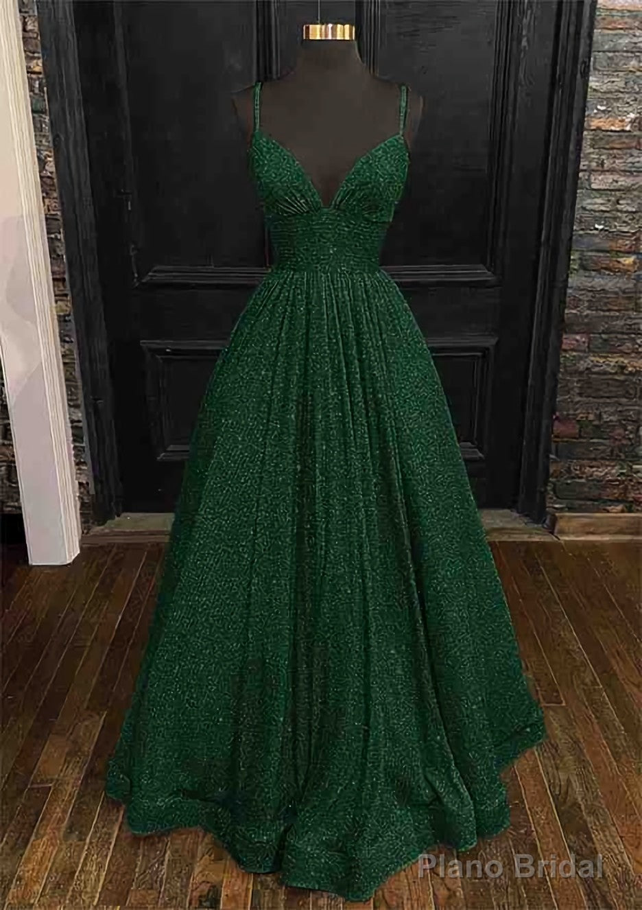 Princess A-line V Neck Spaghetti Straps Long/Floor-Length Sequined Prom Dresses With Pleated