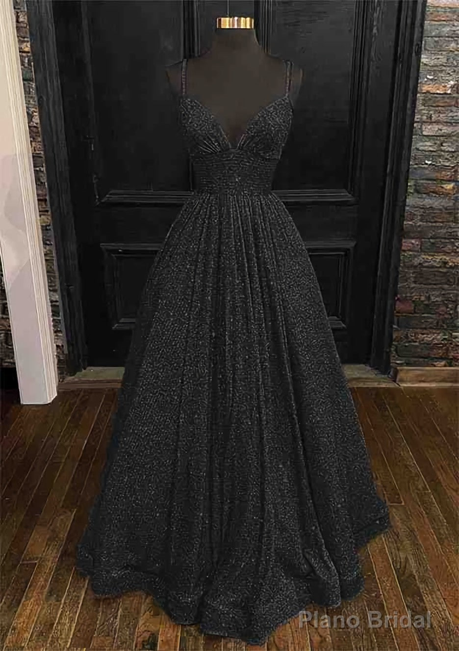 Princess A-line V Neck Spaghetti Straps Long/Floor-Length Sequined Prom Dresses With Pleated