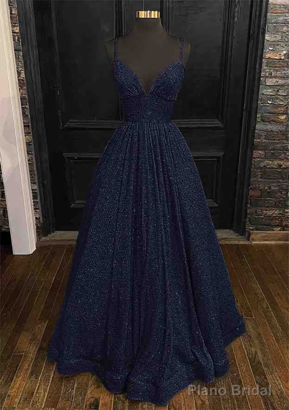 Princess A-line V Neck Spaghetti Straps Long/Floor-Length Sequined Prom Dresses With Pleated