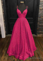 Princess A-line V Neck Spaghetti Straps Long/Floor-Length Sequined Prom Dresses With Pleated