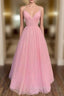 Princess A-line V Neck Spaghetti Straps Long/Floor-Length Tulle Glitter Formal Prom Dresses