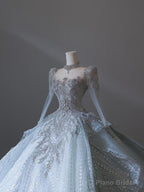 Princess Ball Gown Scoop Neckline Long Sleeves Sequin Light Sky Blue Long Wedding Dresses Brides Dress