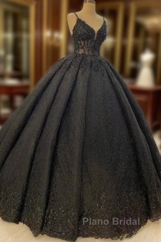 Princess Ball Gown Spaghetti Straps Beaded Black Wedding Dresses Main image