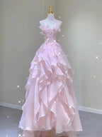 Princess Ball Gown Strapless Long Pink Prom Dress