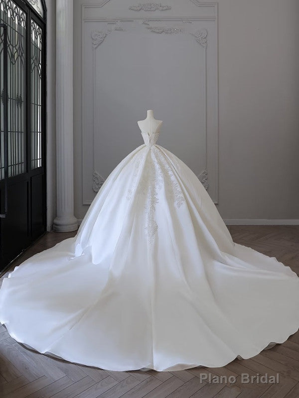Princess Ball Gown Strapless Sleeveless Pleats White Satin Lace Wedding Dress Bridal Dresses