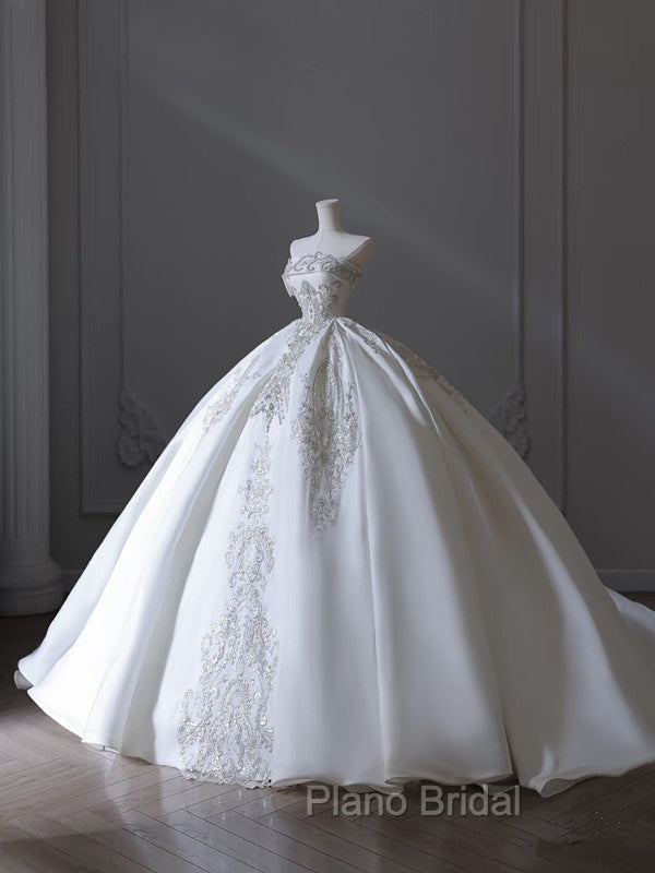 Princess Ball Gown Strapless Sleeveless Pleats White Satin Wedding Dresses