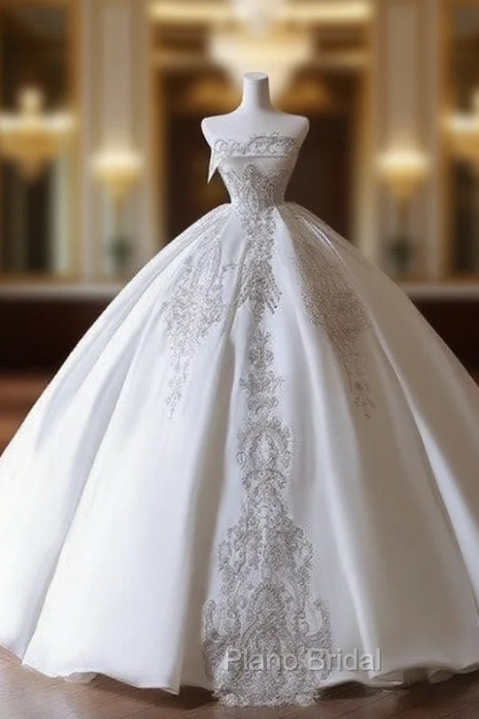 Princess Ball Gown Strapless Sleeveless Pleats White Satin Wedding Dresses Main image