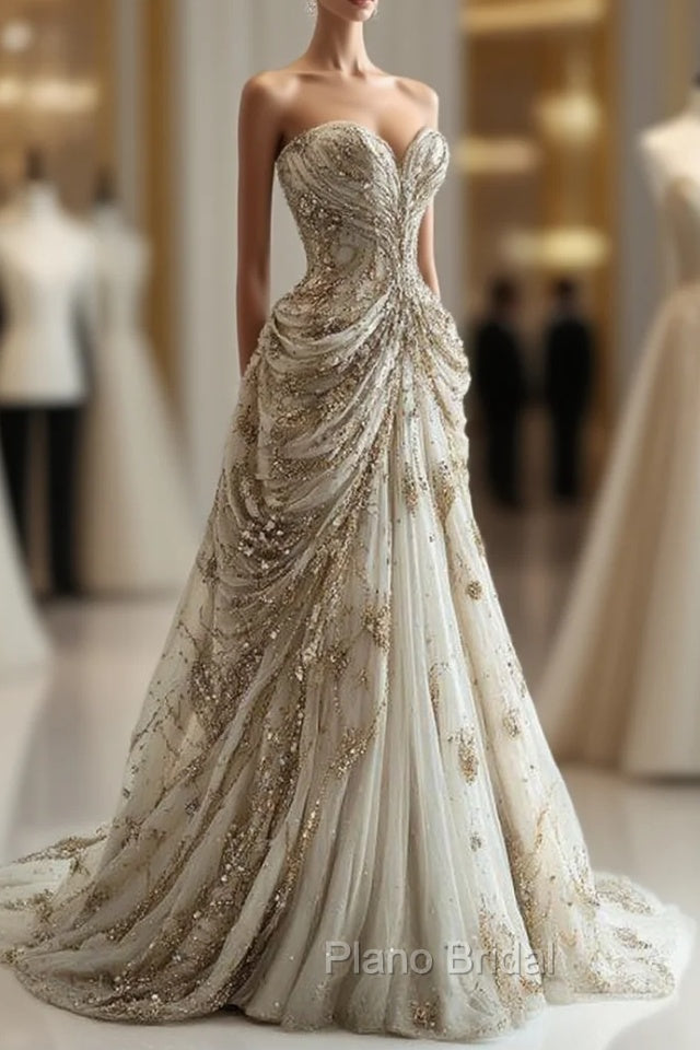 Princess Ball Gown Sweetheart Neckline Pleats White Sequin Wedding Dresses Main image