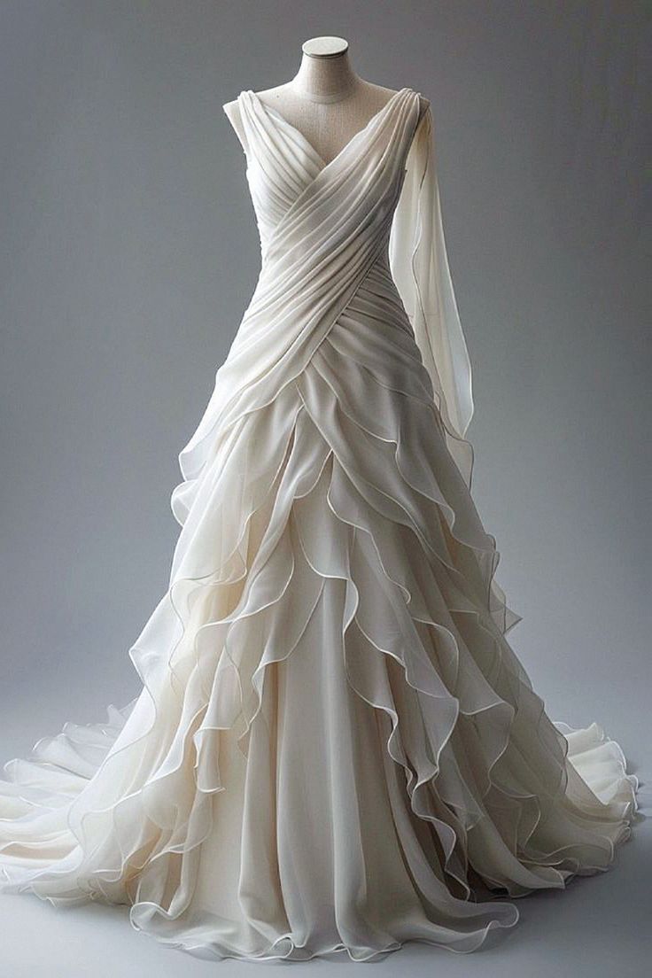 Princess Ball Gown V Neckline Pleats White Chiffon Wedding Dresses Main image