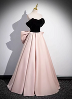 Princess Black & Pink Panel A-Line Off-The-Shoulder Bow Velvet Satin Long Formal Prom Dresses