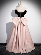 Princess Black & Pink Panel A-Line Off-The-Shoulder Bow Velvet Satin Long Formal Prom Dresses