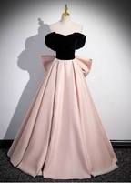 Princess Black & Pink Panel A-Line Off-The-Shoulder Bow Velvet Satin Long Formal Prom Dresses