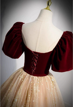 Princess Burgundy & Champagne Gold Panel A-Line Short Sleeve Tulle Long Formal Prom Dresses