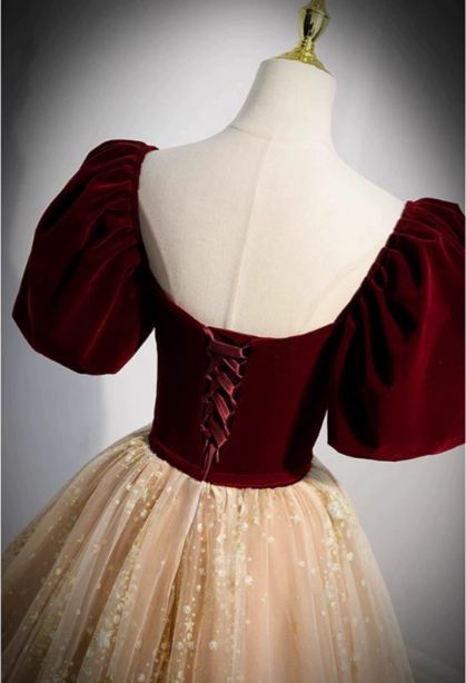 Princess Burgundy & Champagne Gold Panel A-Line Short Sleeve Tulle Long Formal Prom Dresses