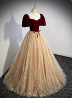 Princess Burgundy & Champagne Gold Panel A-Line Short Sleeve Tulle Long Formal Prom Dresses