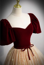 Princess Burgundy & Champagne Gold Panel A-Line Short Sleeve Tulle Long Formal Prom Dresses