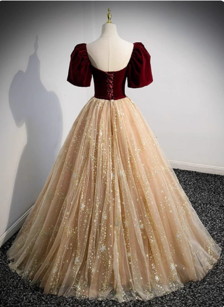 Princess Burgundy & Champagne Gold Panel A-Line Short Sleeve Tulle Long Formal Prom Dresses