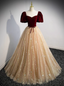 Princess Burgundy & Champagne Gold Panel A-Line Short Sleeve Tulle Long Formal Prom Dresses