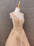 Princess Champagne A-Line V-Neck Sleeveless Sequin Beaded Tulle Long Formal Prom Dresses
