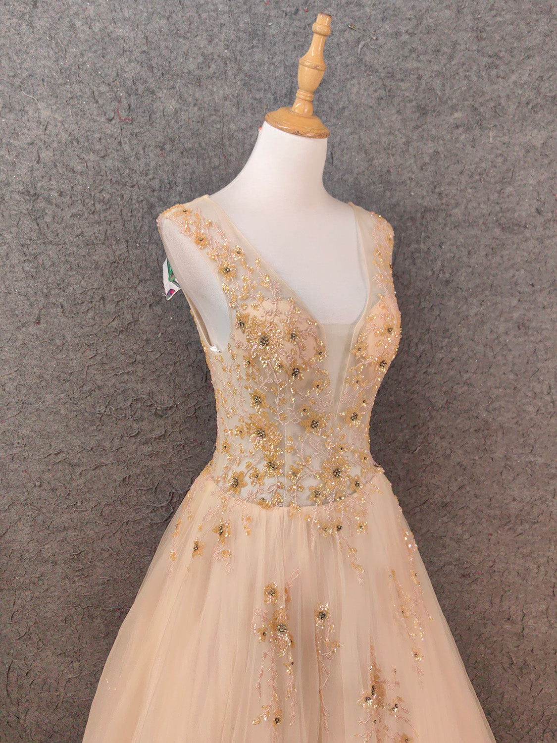 Princess Champagne A-Line V-Neck Sleeveless Sequin Beaded Tulle Long Formal Prom Dresses
