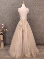 Princess Champagne A-Line V-Neck Sleeveless Sequin Beaded Tulle Long Formal Prom Dresses