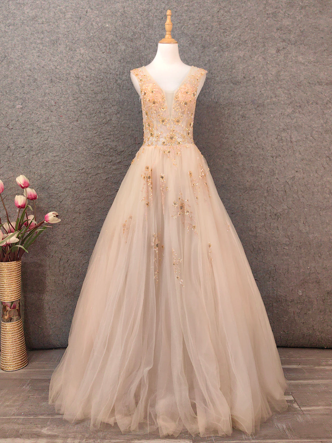 Princess Champagne A-Line V-Neck Sleeveless Sequin Beaded Tulle Long Formal Prom Dresses Main image