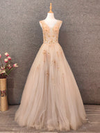 Princess Champagne A-Line V-Neck Sleeveless Sequin Beaded Tulle Long Formal Prom Dresses