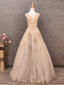 Princess Champagne A-Line V-Neck Sleeveless Sequin Beaded Tulle Long Formal Prom Dresses