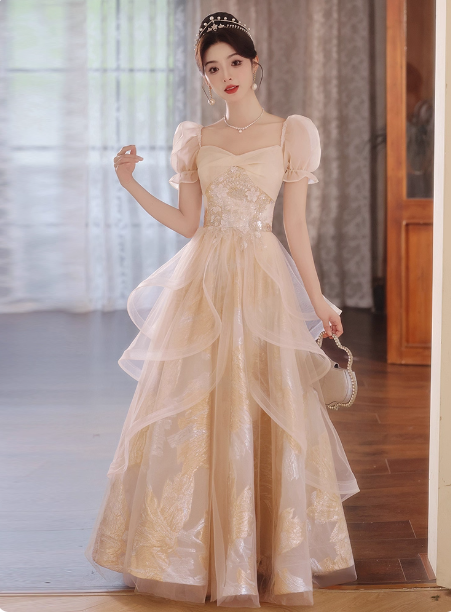 Princess Champagne Gold A-Line Embroidered Tulle Long Formal Prom Dresses