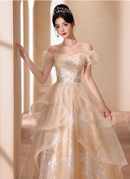 Princess Champagne Gold A-Line Embroidered Tulle Long Formal Prom Dresses