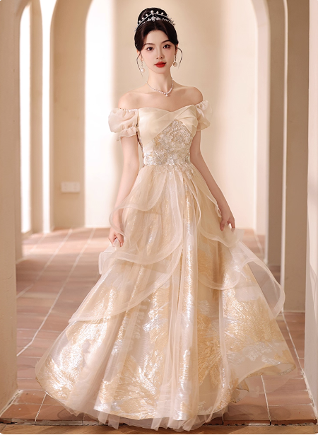 Princess Champagne Gold A-Line Embroidered Tulle Long Formal Prom Dresses