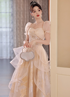 Princess Champagne Gold A-Line Embroidered Tulle Long Formal Prom Dresses