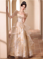 Princess Champagne Gold A-Line Embroidered Tulle Long Formal Prom Dresses