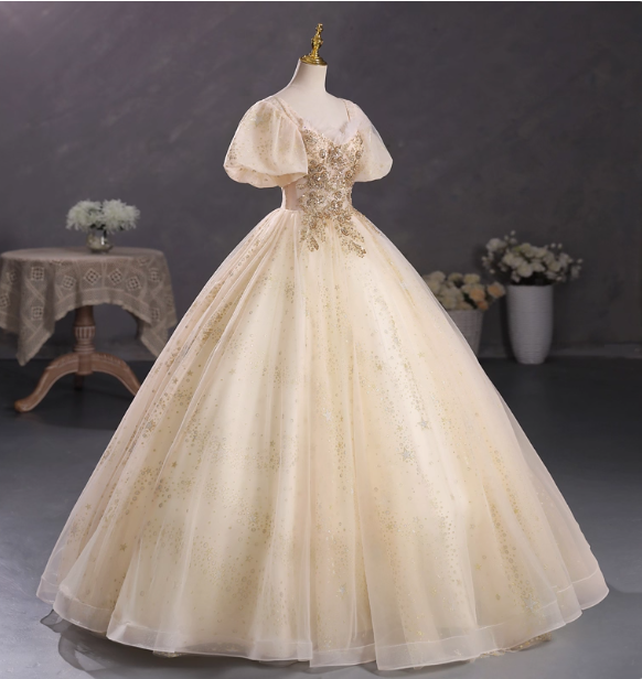 Princess Champagne Gold Square Neck Puff Sleeve Gold Embroidered Floral Tulle Ball Gown Prom Dresses Sweet 16 Dresses Secondary image