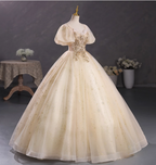 Princess Champagne Gold Square Neck Puff Sleeve Gold Embroidered Floral Tulle Ball Gown Prom Dresses Sweet 16 Dresses