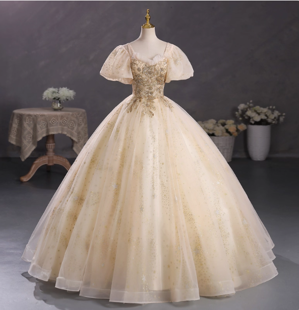 Princess Champagne Gold Square Neck Puff Sleeve Gold Embroidered Floral Tulle Ball Gown Prom Dresses Sweet 16 Dresses Main image