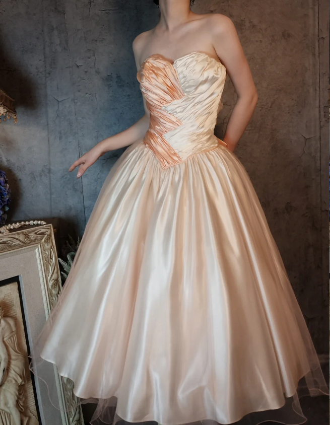 Princess Champagne Pink A-Line Sweet Bow Satin Formal Prom Dresses Sweet 16 Dresses