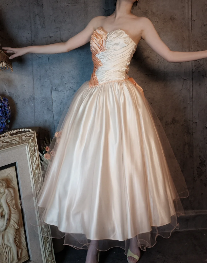 Princess Champagne Pink A-Line Sweet Bow Satin Formal Prom Dresses Sweet 16 Dresses