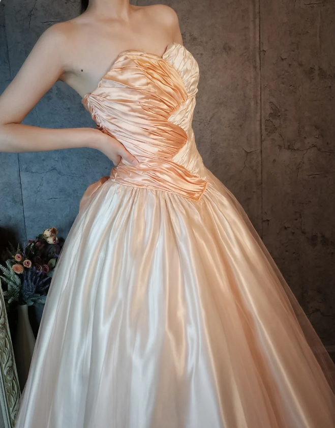 Princess Champagne Pink A-Line Sweet Bow Satin Formal Prom Dresses Sweet 16 Dresses
