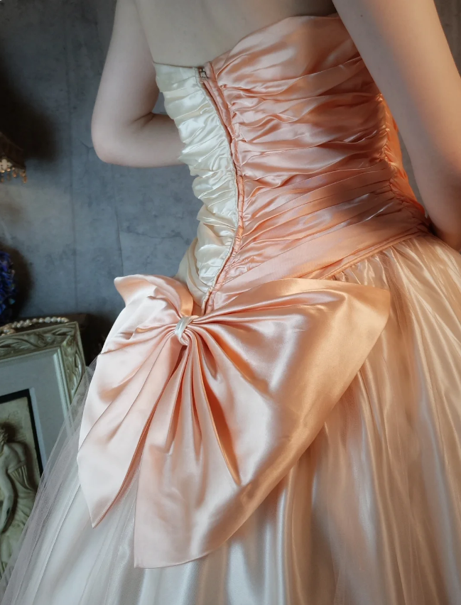 Princess Champagne Pink A-Line Sweet Bow Satin Formal Prom Dresses Sweet 16 Dresses