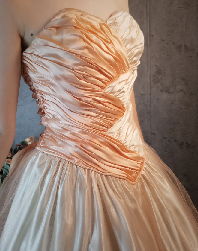 Princess Champagne Pink A-Line Sweet Bow Satin Formal Prom Dresses Sweet 16 Dresses