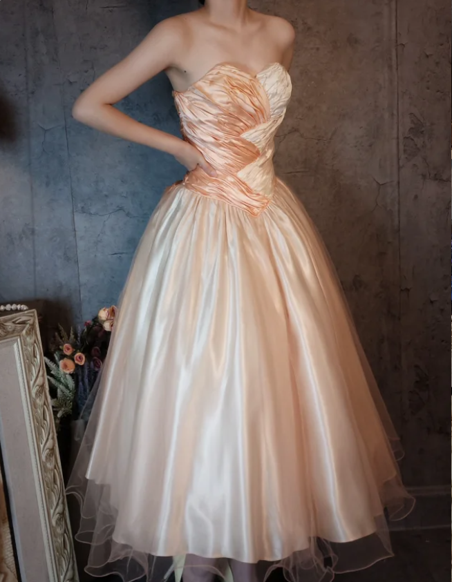Princess Champagne Pink A-Line Sweet Bow Satin Formal Prom Dresses Sweet 16 Dresses
