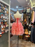 Princess Coral Pink Heart-Shaped Neckline Rhinestone-Embellished Short Formal Prom Dresses