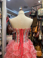 Princess Coral Pink Heart-Shaped Neckline Rhinestone-Embellished Short Formal Prom Dresses