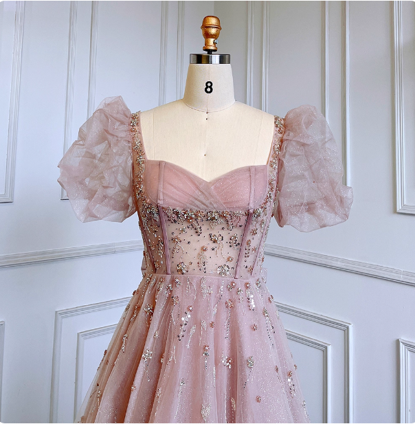 Princess Dreamy Pink A-Line Square Neck Puff Sleeve Beaded Tulle Long Formal Prom Dresses