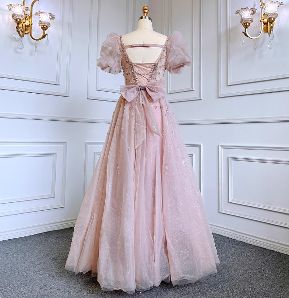 Princess Dreamy Pink A-Line Square Neck Puff Sleeve Beaded Tulle Long Formal Prom Dresses