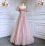 Princess Dreamy Pink A-Line Square Neck Puff Sleeve Beaded Tulle Long Formal Prom Dresses