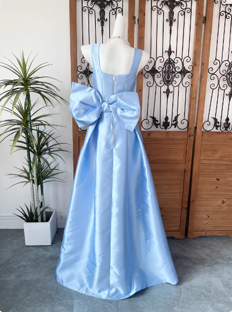 Princess Elegant Blue Square Neck Bow Satin Long Formal Prom Dresses Secondary image