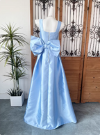 Princess Elegant Blue Square Neck Bow Satin Long Formal Prom Dresses